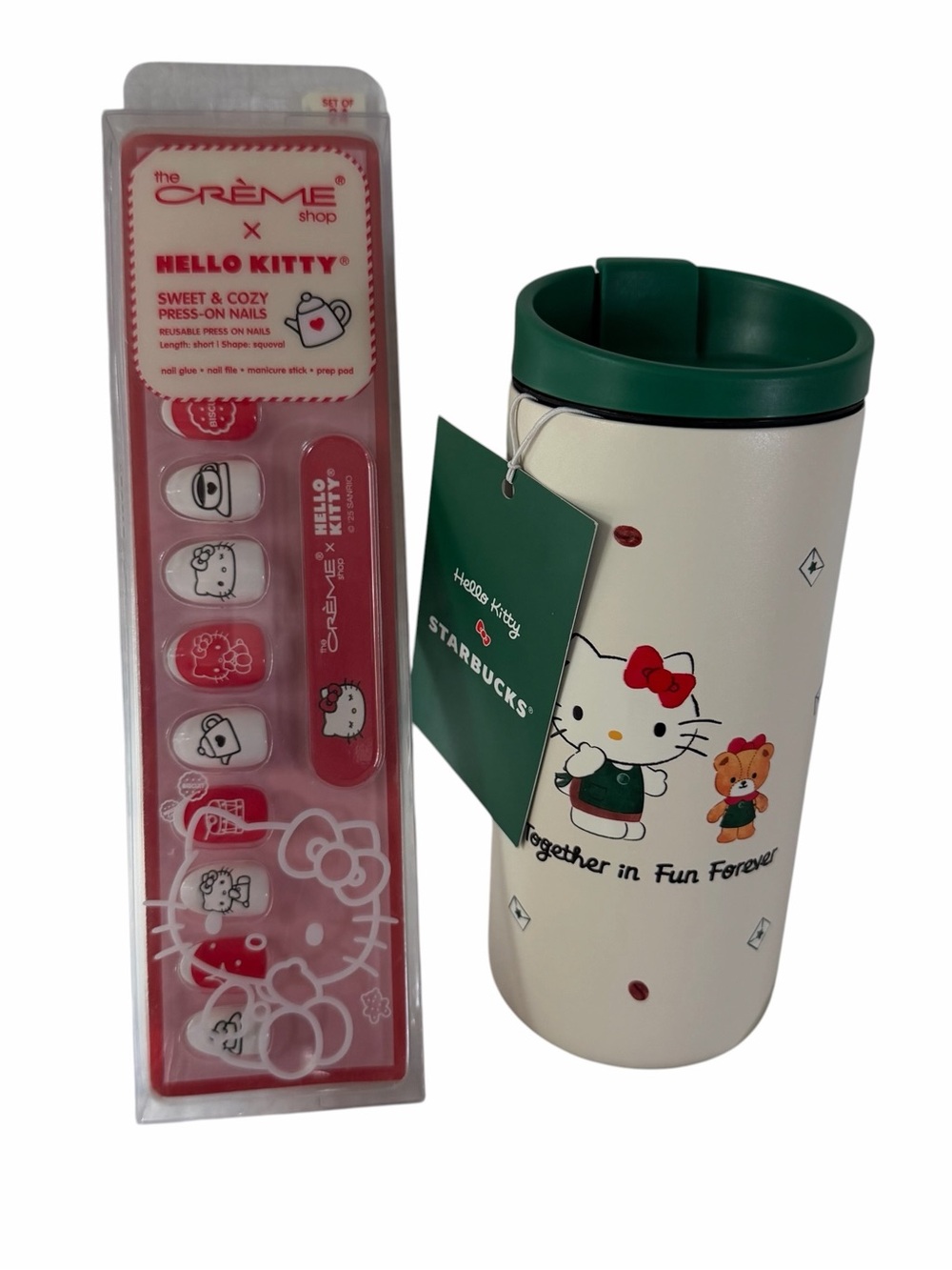 Starbucks x Hello Kitty Green & Cream Travel Tumbler w Press On Nails NWT